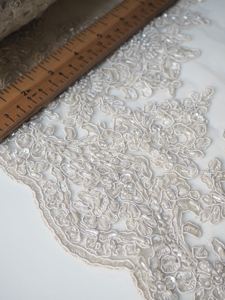 Oyster Beaded Floral Corded Lace Tulle
