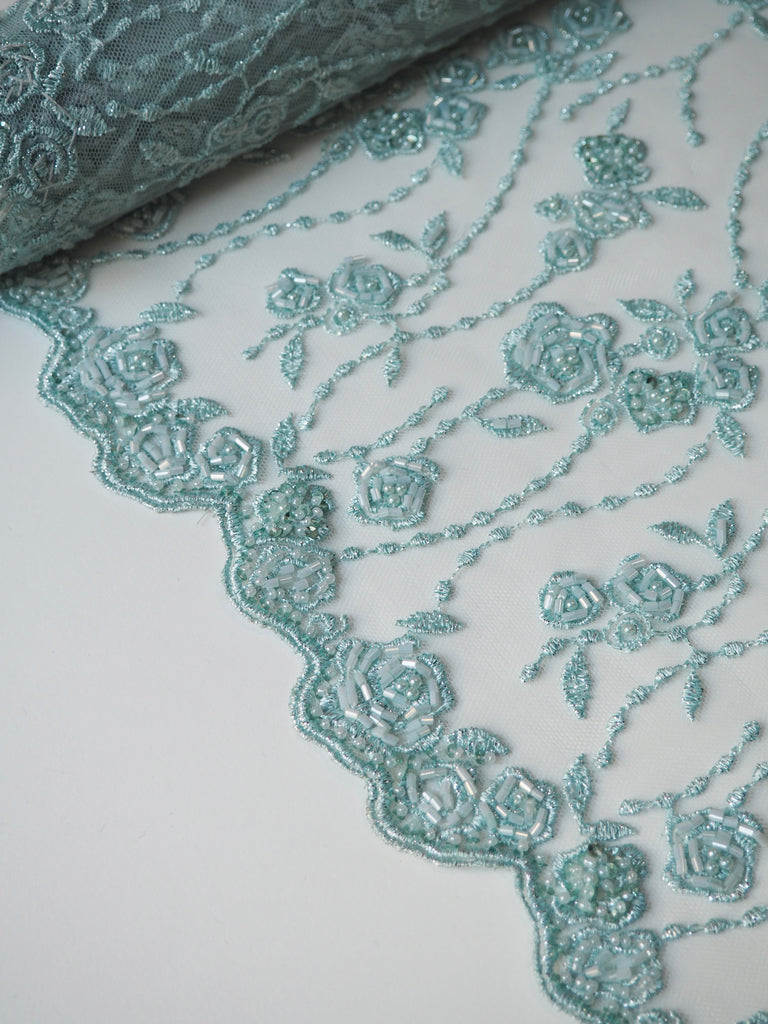 Turquoise Rosette Beaded Embroidered Scallop Tulle