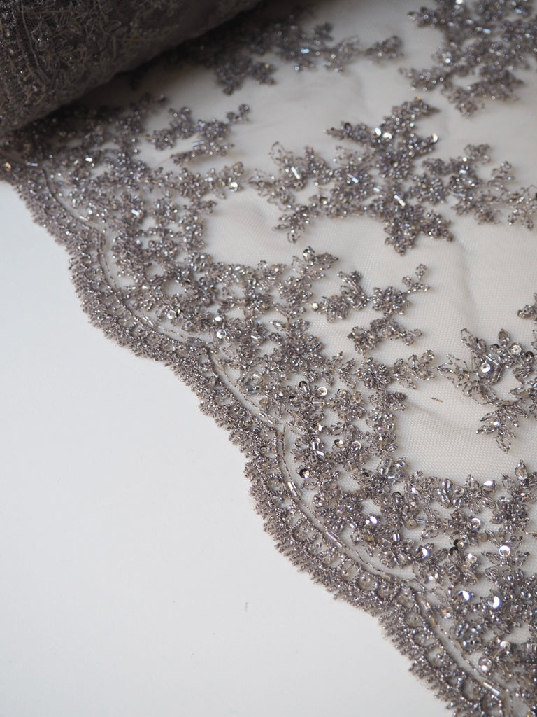 Pewter Lurex Beaded Scallop Tulle
