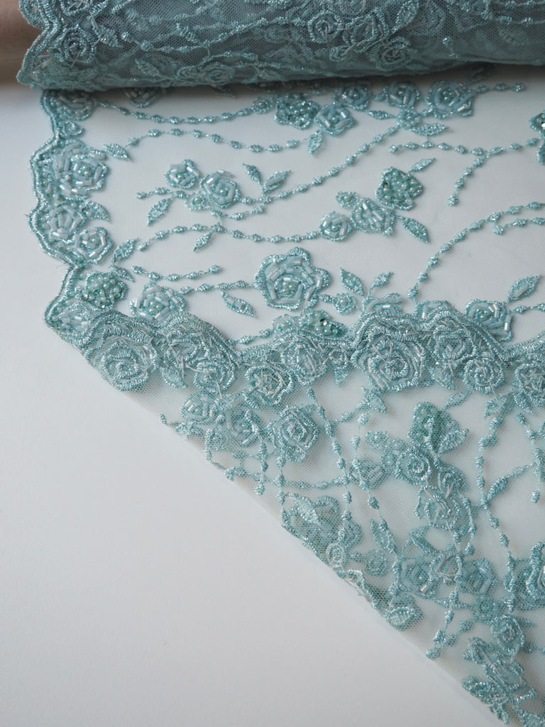Turquoise Rosette Beaded Embroidered Scallop Tulle
