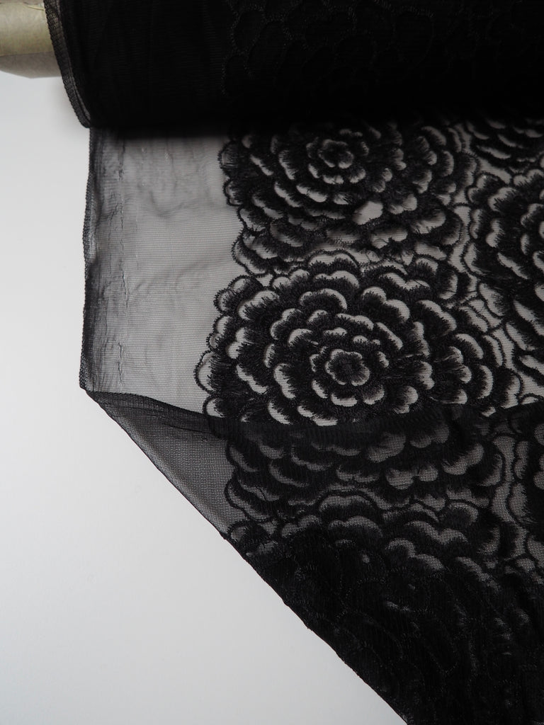Black Fringed Floral Tulle