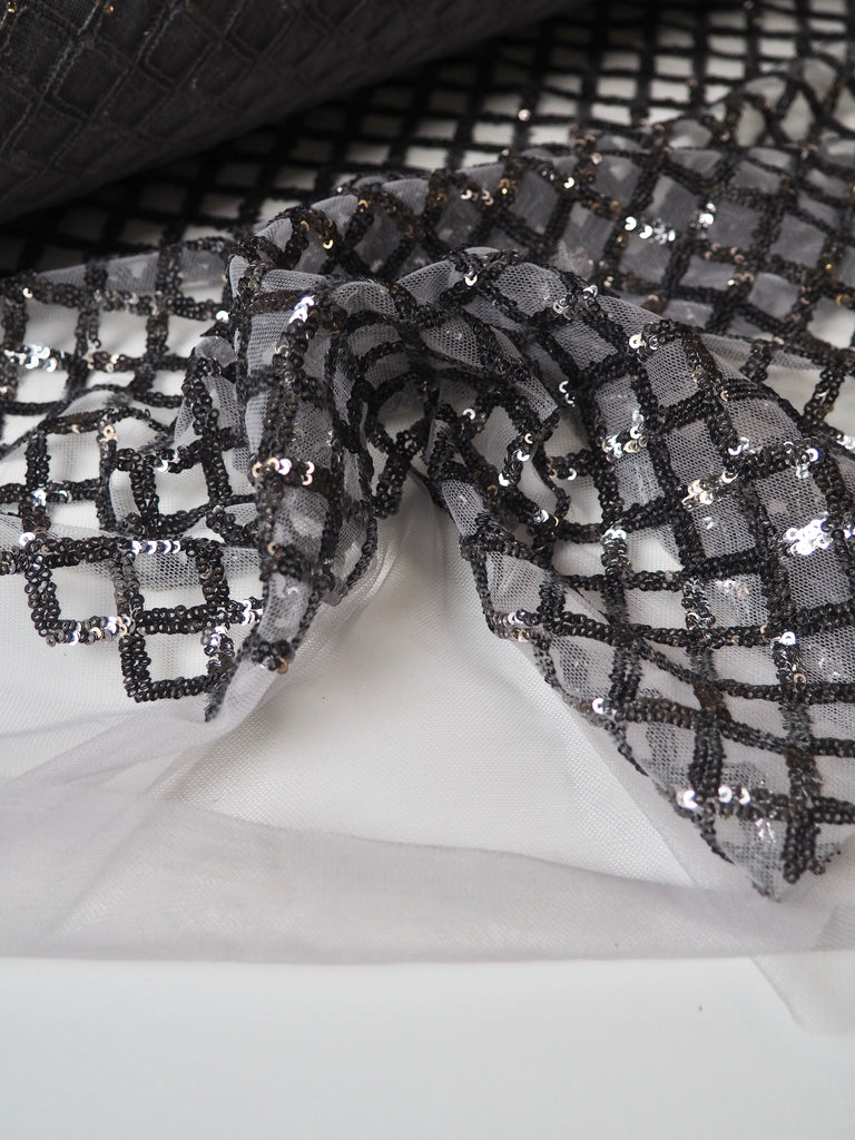 Grey Lattice Sequin Tulle