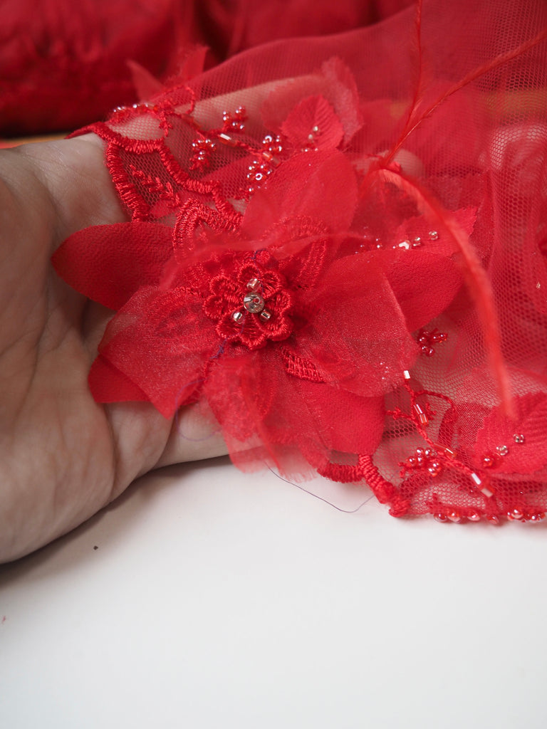 Red Floral Garland Ostrich Feather Applique Tulle