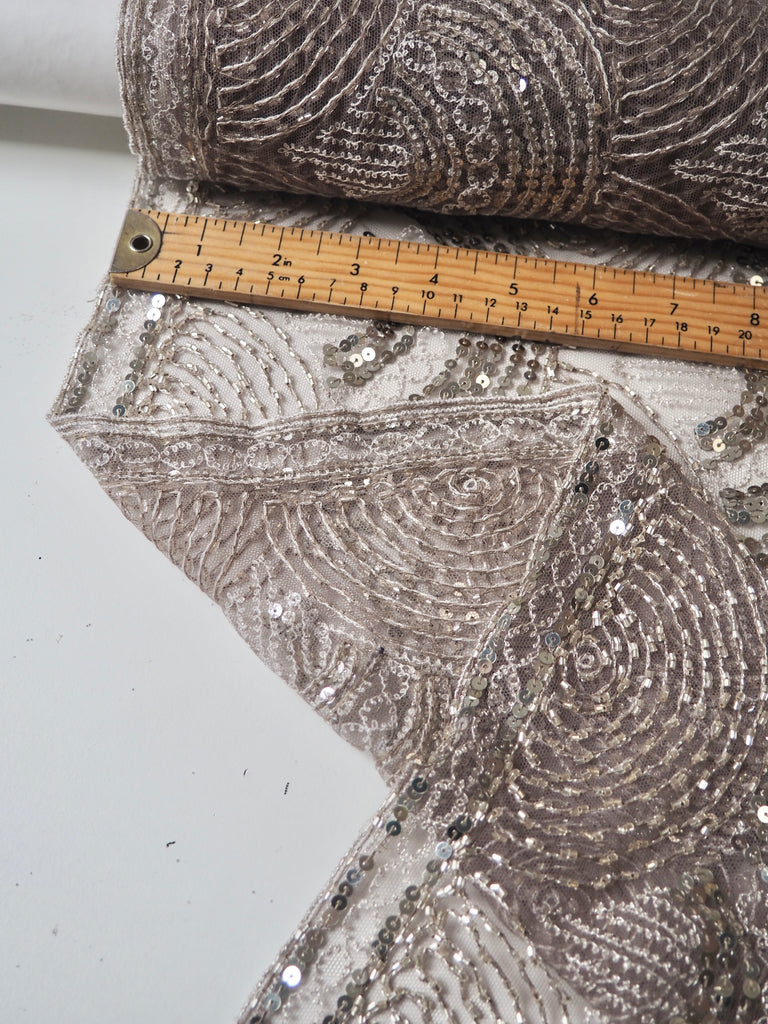 Taupe Beaded Sequin Scallop Embroidered Tulle