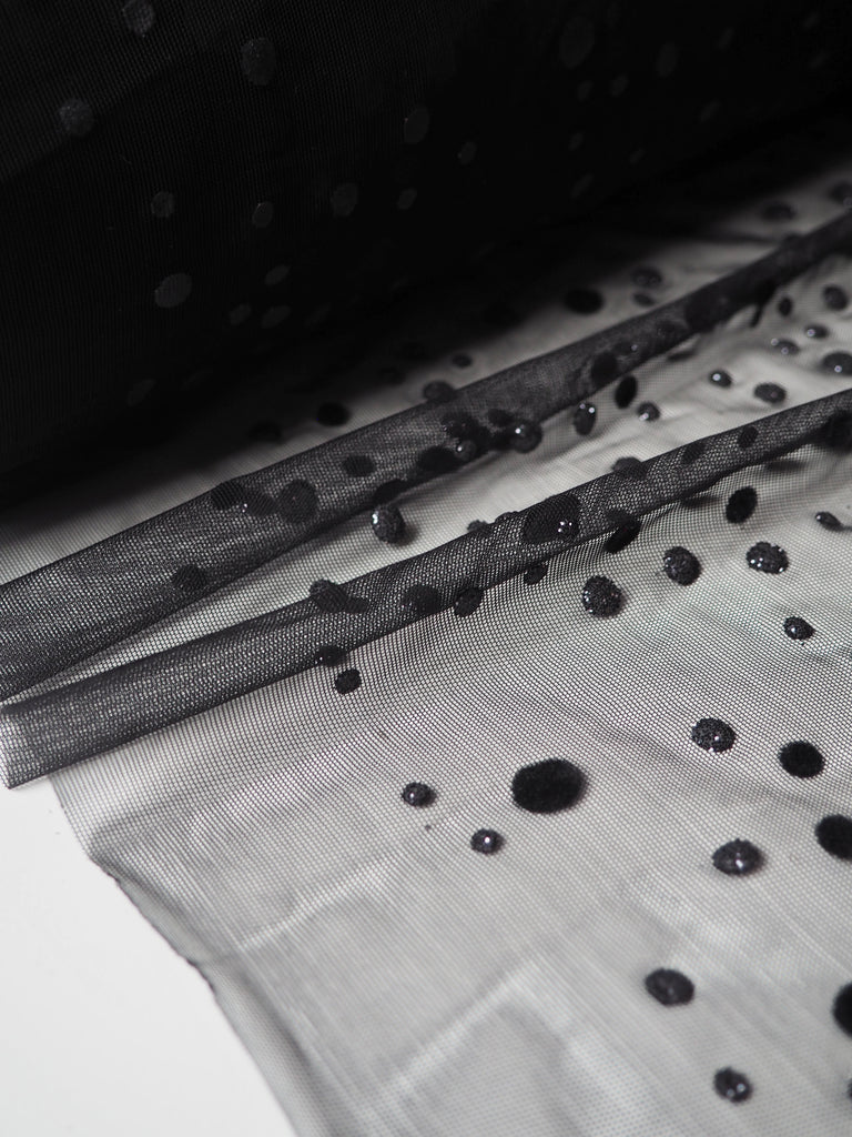Black Flocked Dot Stretch Tulle