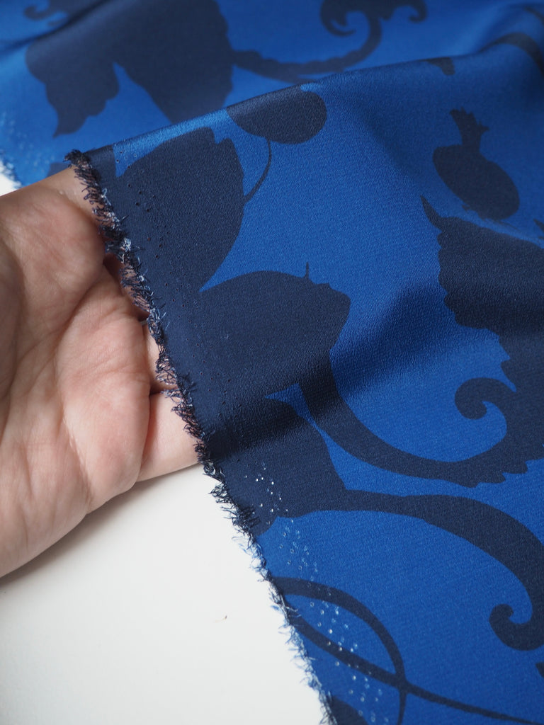 Blue Shadow Leaf Silk Crepe De Chine