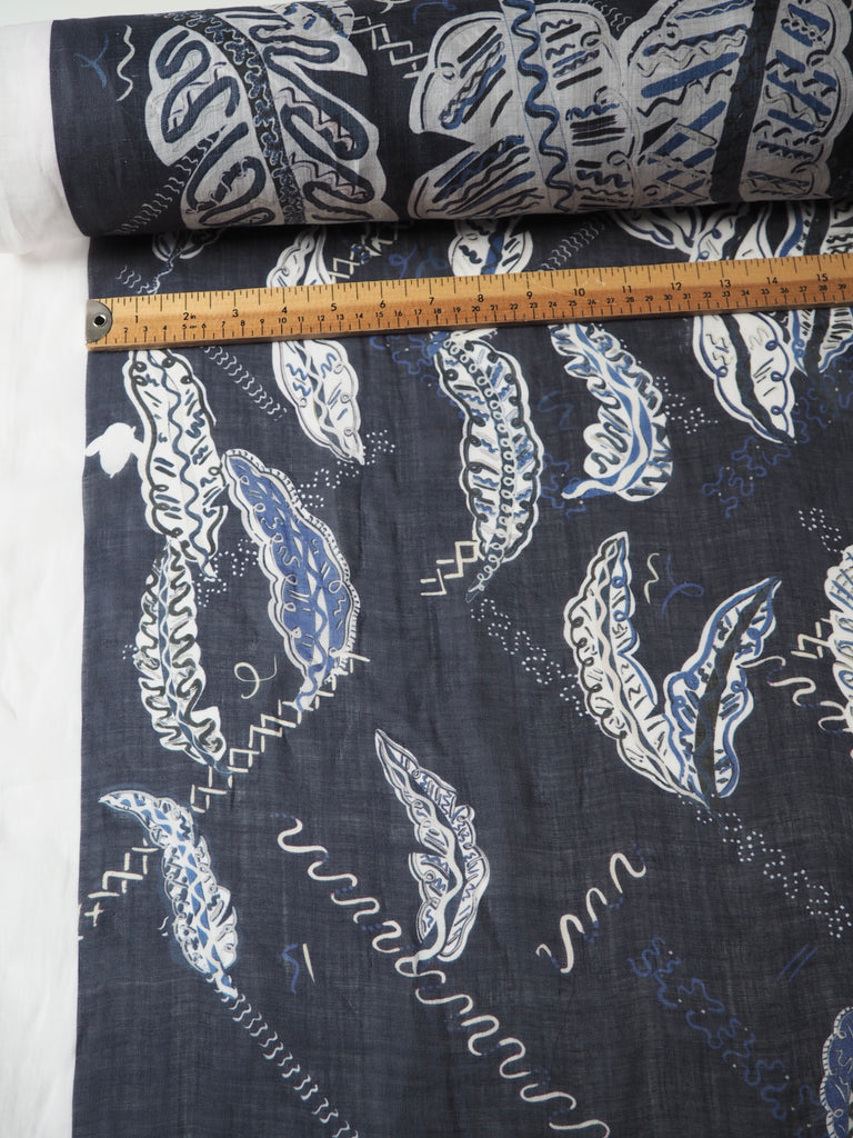 Navy Painterly Feather Ramie Panels