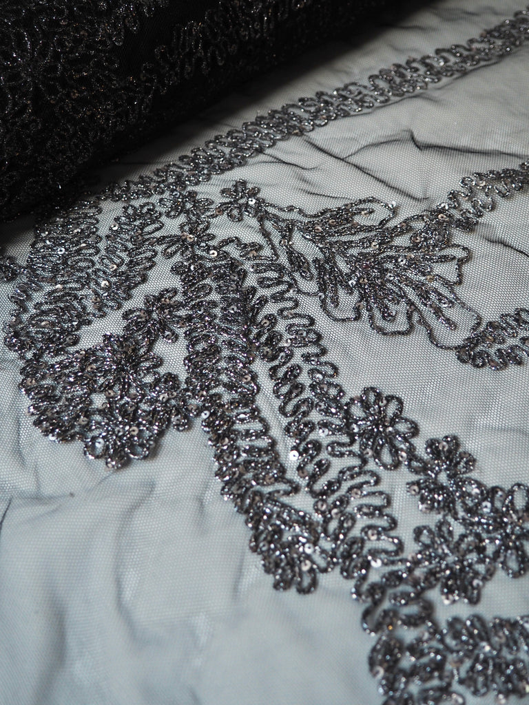 Gunmetal Lurex Embroidered Garland Tulle