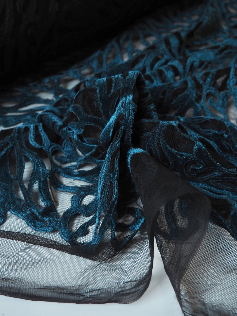 Blue Velvet Leafy Embroidered Tulle