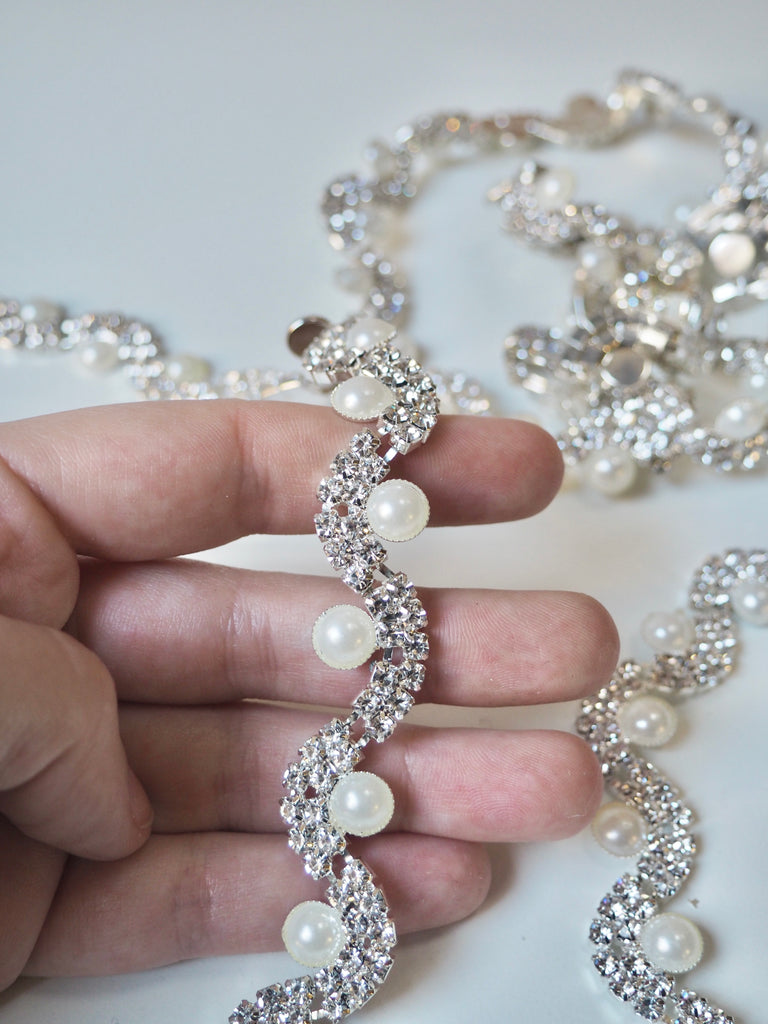 Silver Crystal Pearl Curve Trim 15mm