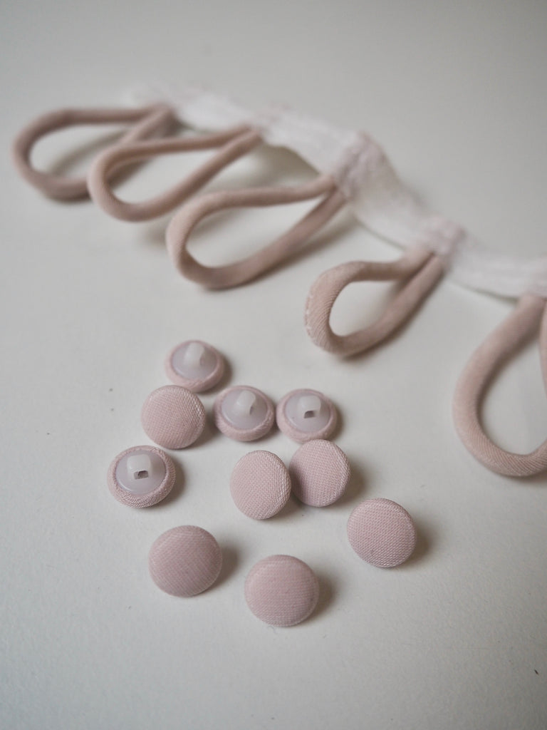 Pale Pink Fabric Covered Shank Buttons + Reuleaux Loops 10mm/16L