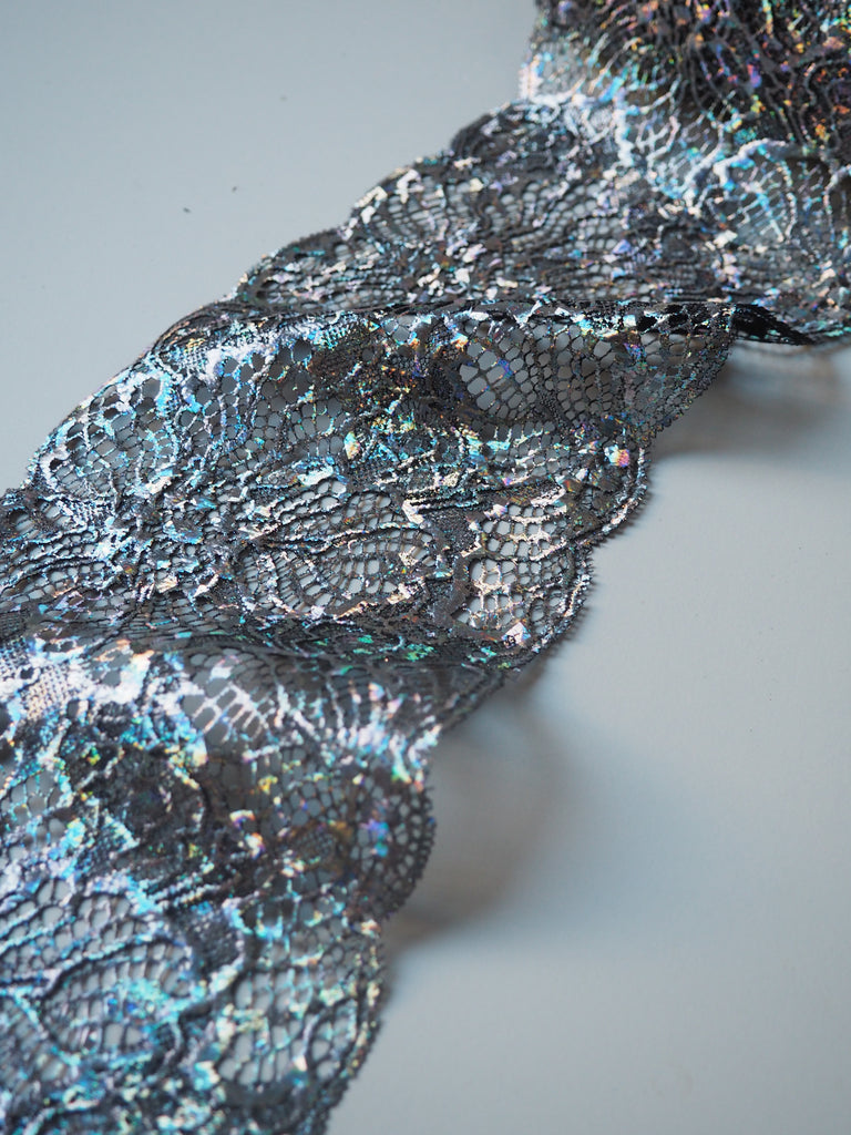 Silver Holographic Foliage Foiled Scallop Lace Trim 12cm