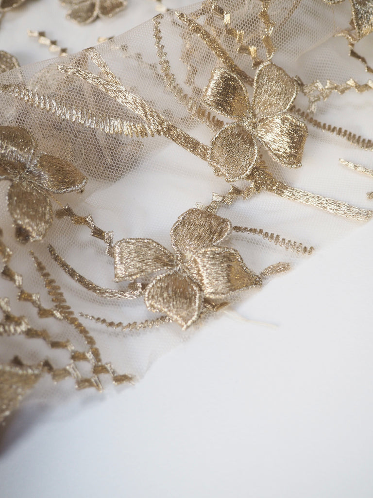 Gold Lurex 3D Appliqué Branch Embroidered Tulle