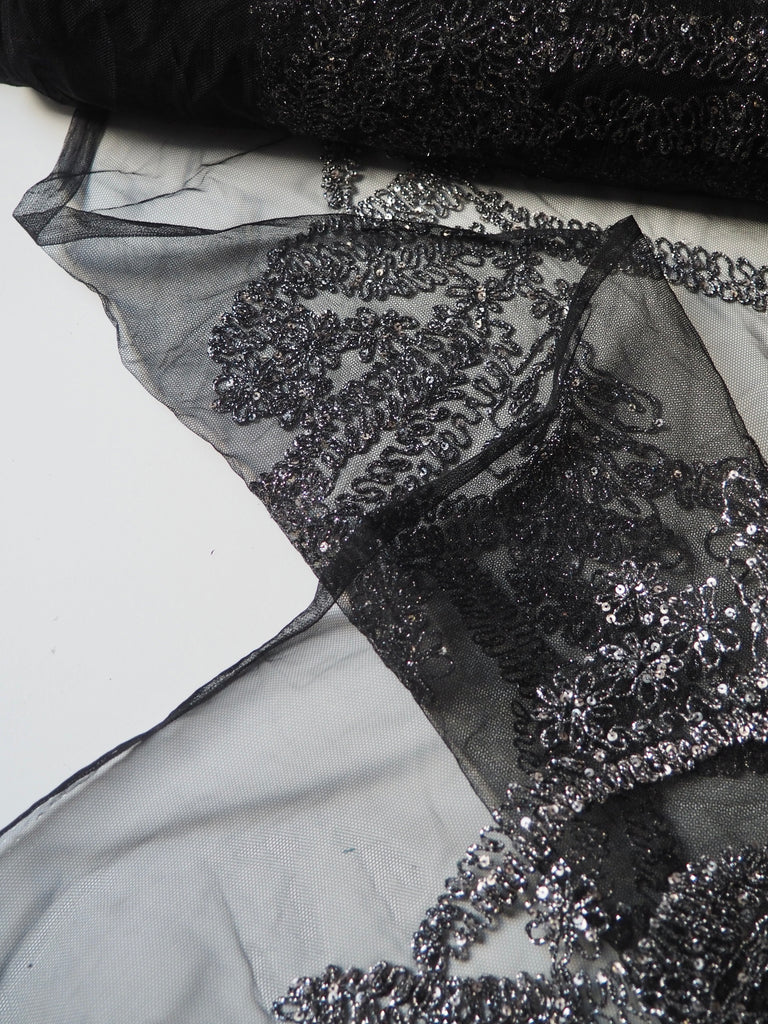 Gunmetal Lurex Embroidered Garland Tulle