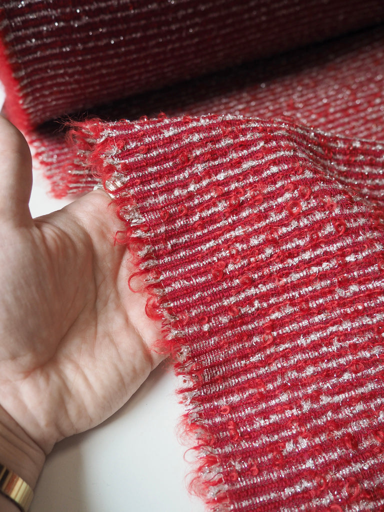 Red + Silver Stripe Wool Blend Bouclé