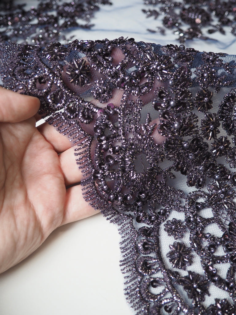 Deep Purple Lurex Floral Beaded Tulle