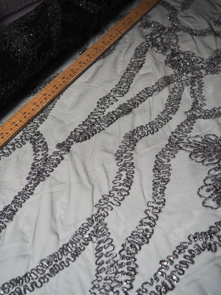 Gunmetal Lurex Embroidered Garland Tulle