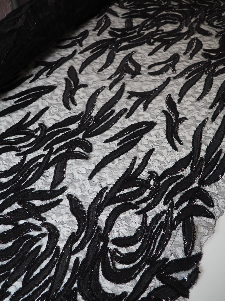 Black Trailing Vine Embroidered Sequin Lace