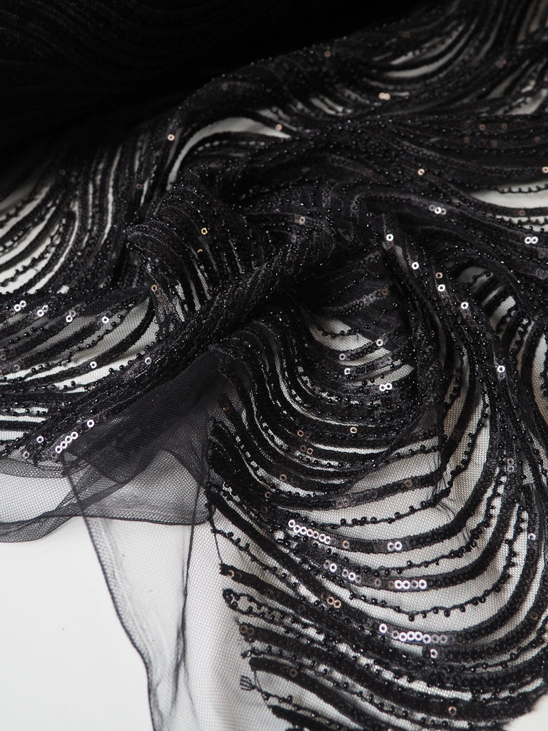 Black Wave Beaded Sequin Tulle