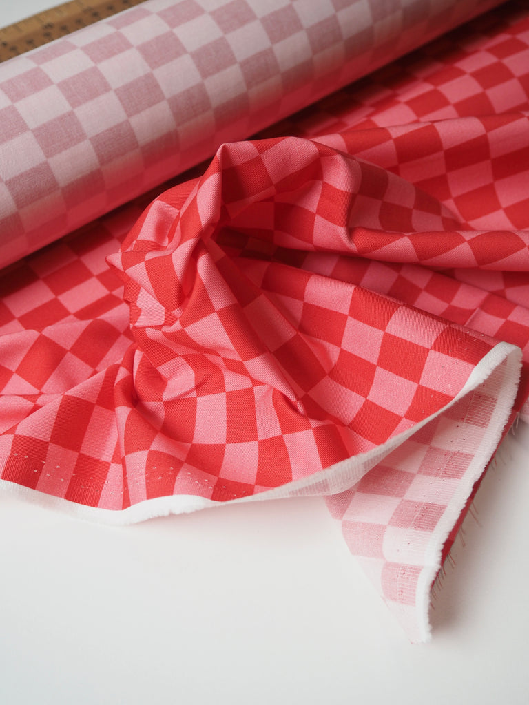 Pink + Red Small Checkerboard Cotton Twill