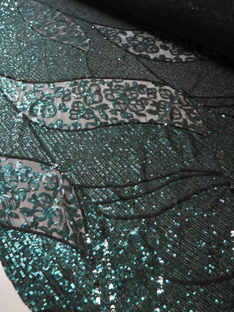 Green Swirl Mosaic Sequin Stretch Mesh