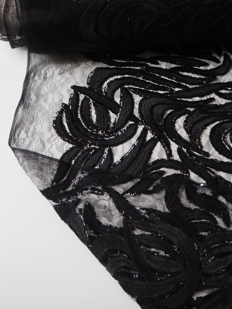 Black Trailing Vine Embroidered Sequin Lace