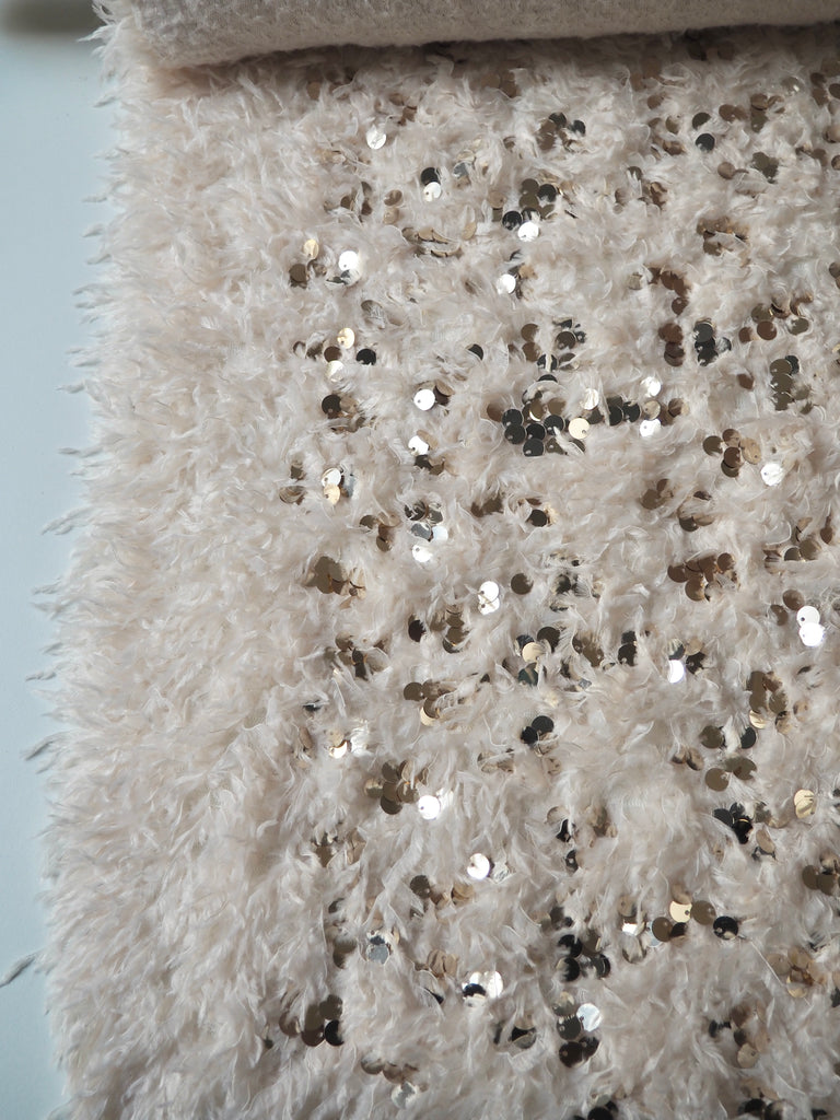 Cream Feather Fringed Gold Sequin Knit
