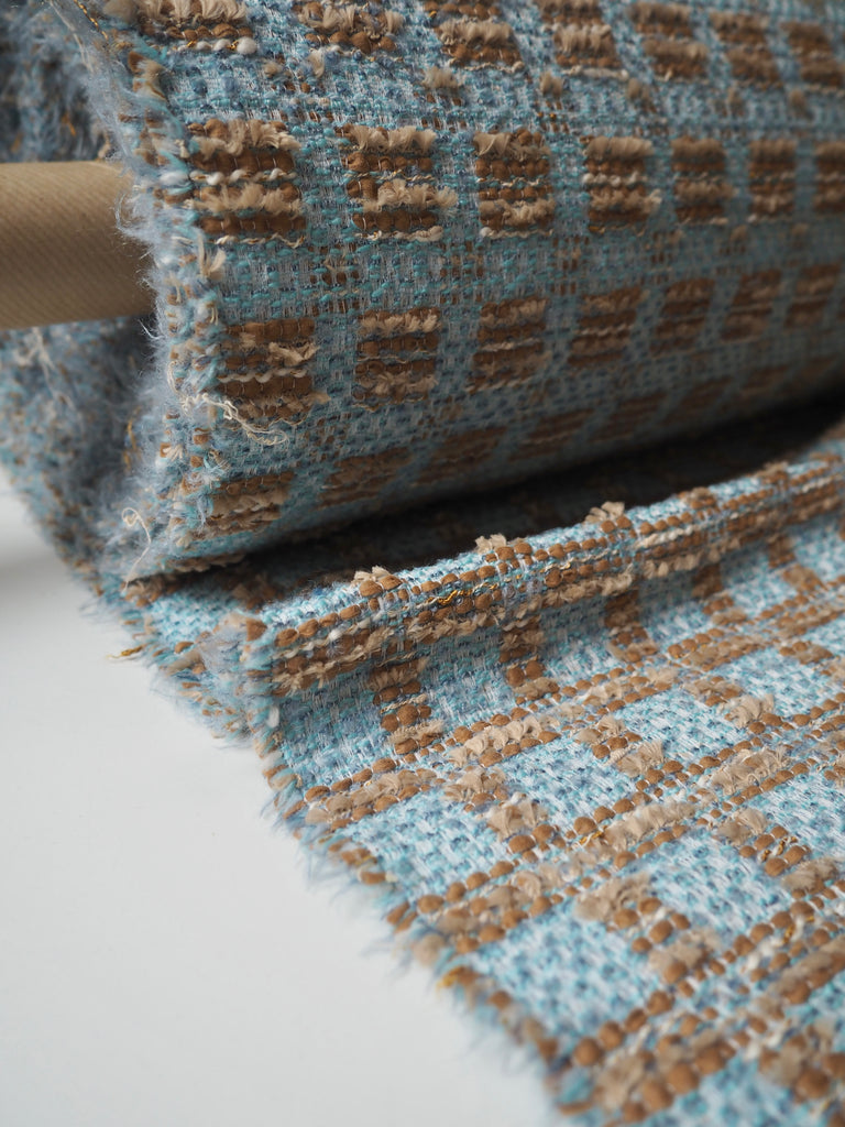 Blue + Brown Check Bouclé Wool Blend Coating