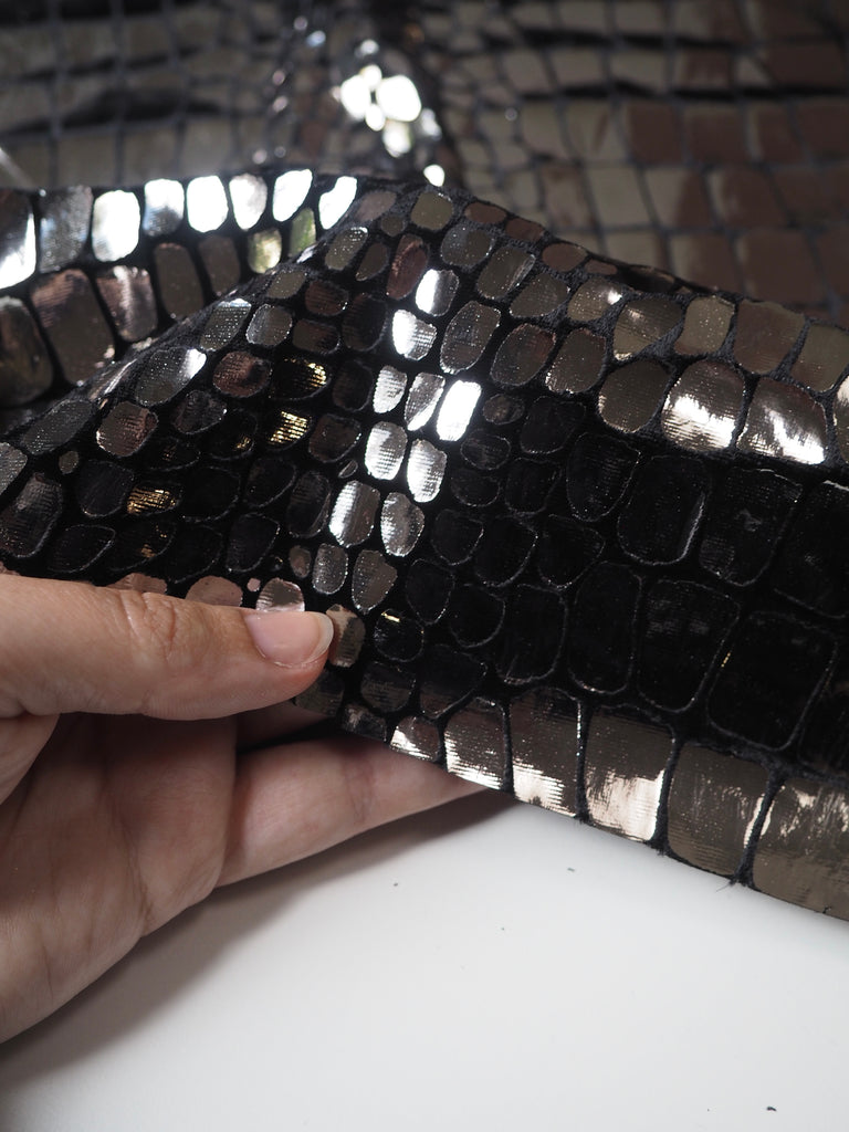 Silver Croc Foiled Black Silk/Viscose Velvet