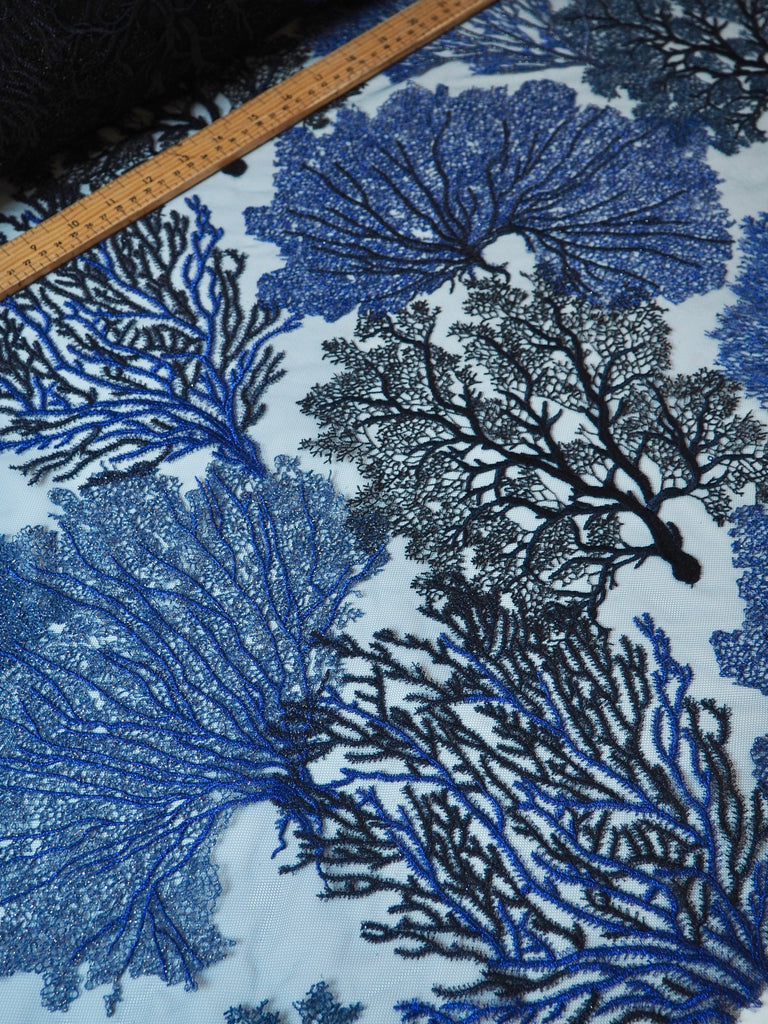 Rich Indigo Coral Lurex Embroidered Tulle