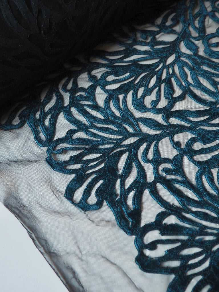 Blue Velvet Leafy Embroidered Tulle