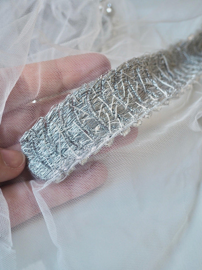 Hand Beaded Long Silver Crystal Appliqué
