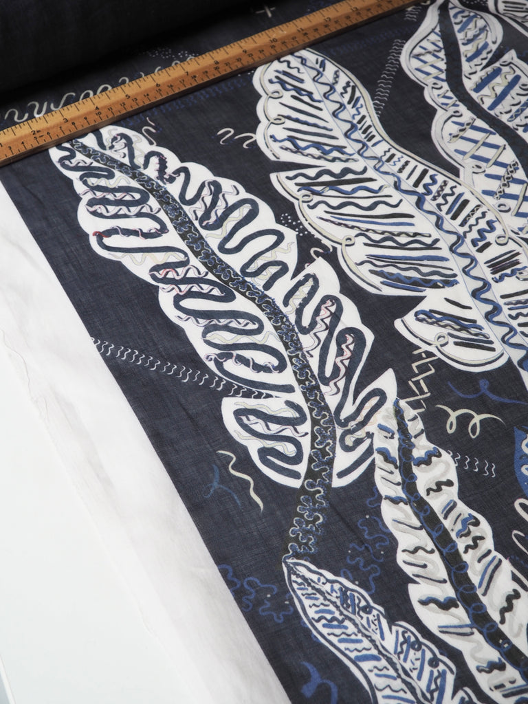 Navy Painterly Feather Ramie Panels