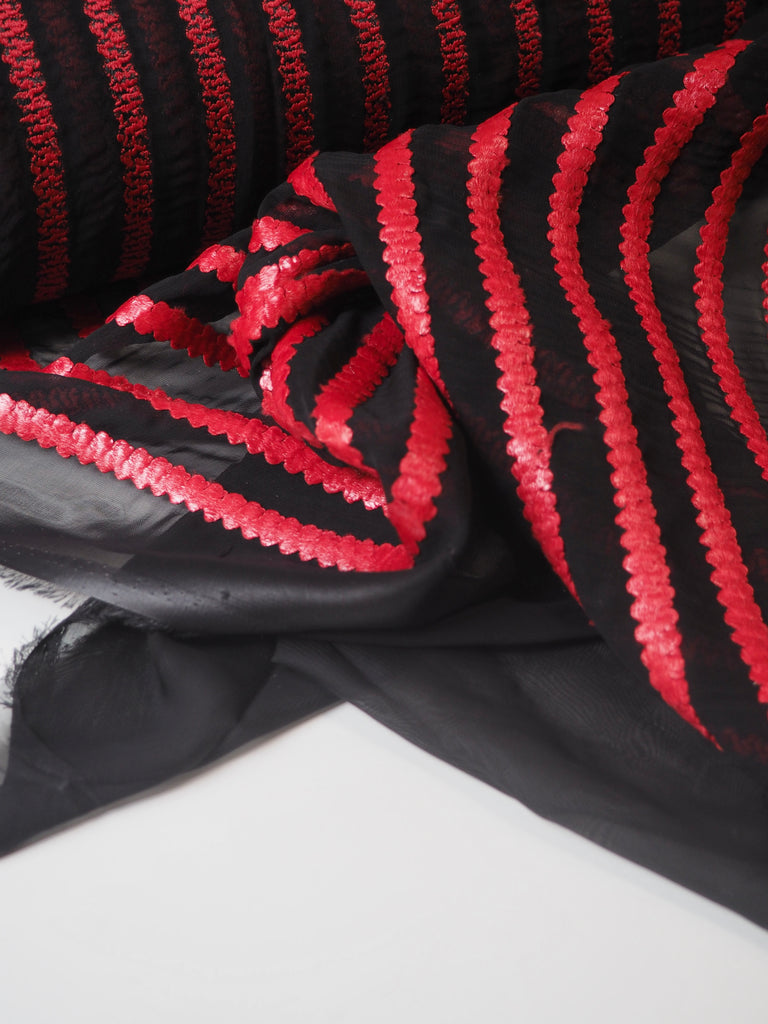 Red Embroidered Stripe Chiffon