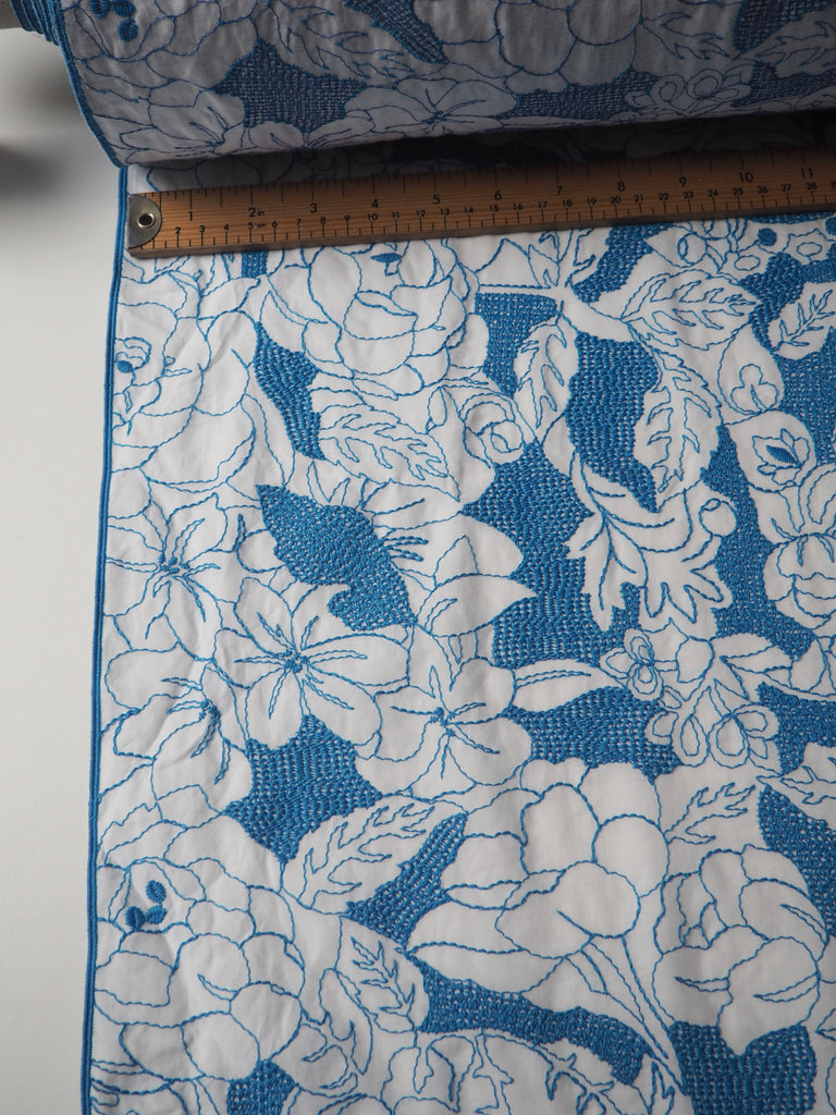 Blue Floral Embroidered Cotton Voile