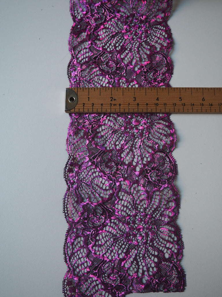 Bright Pink Foliage Foiled Scallop Lace Trim 12cm