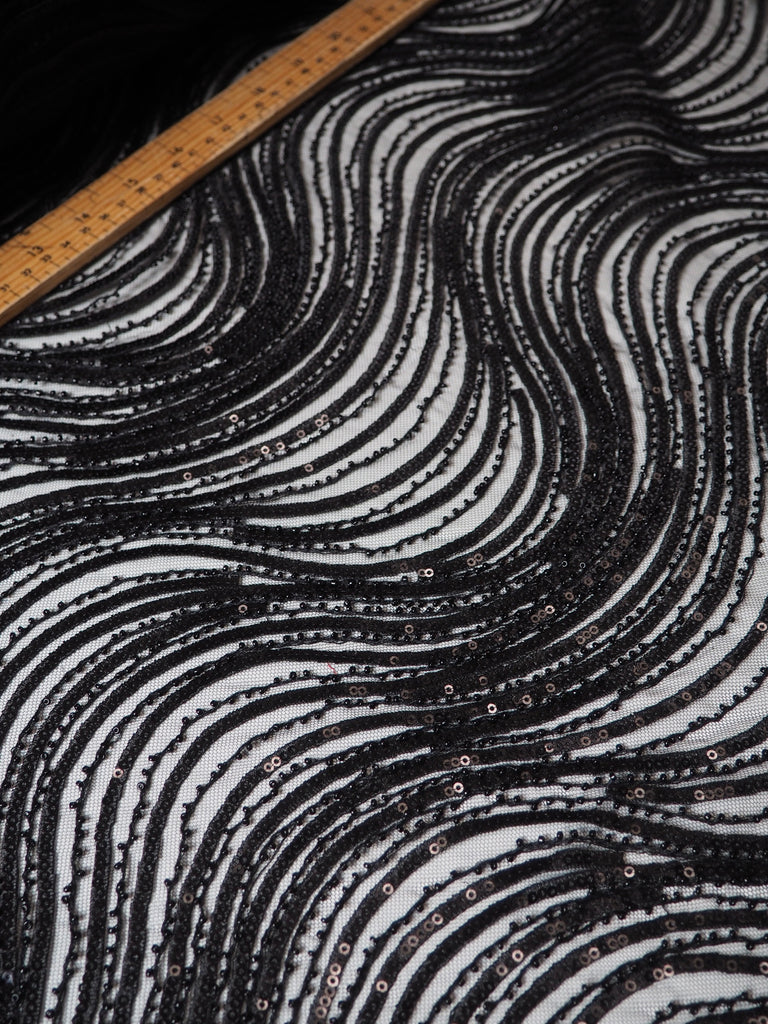 Black Wave Beaded Sequin Tulle