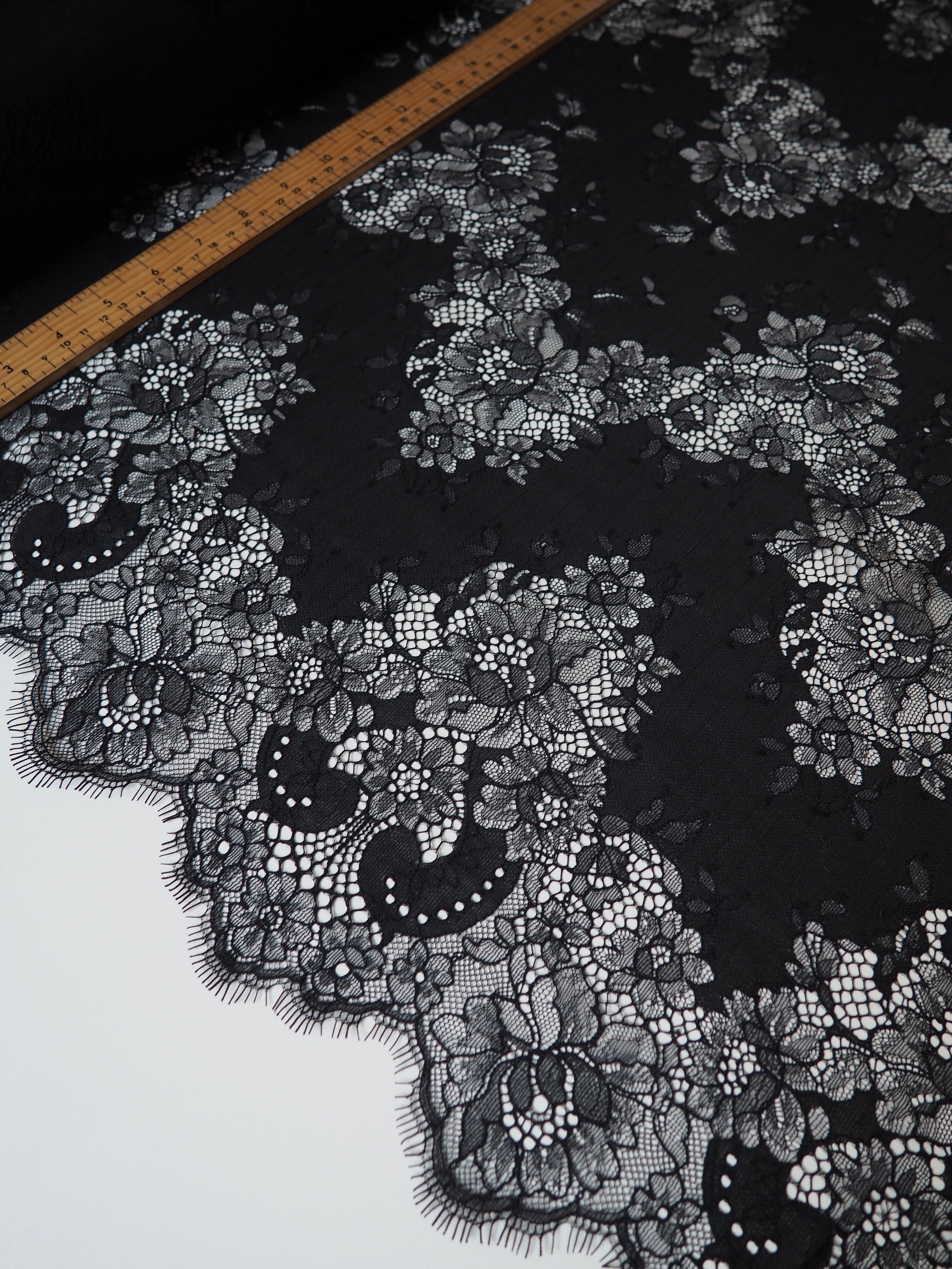 Black Open Floral Lace with Double Scalloped Edge Slight Sheen 60 Wide  Polyester/Blend Dutch Lace