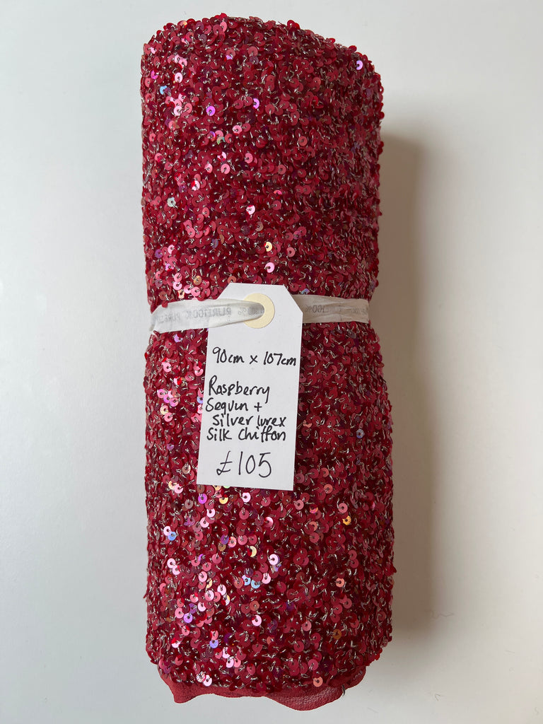 Raspberry Sequin + Silver Lurex Silk Chiffon Remnant