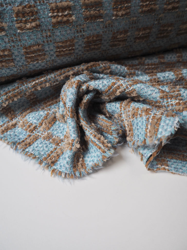 Blue + Brown Check Bouclé Wool Blend Coating