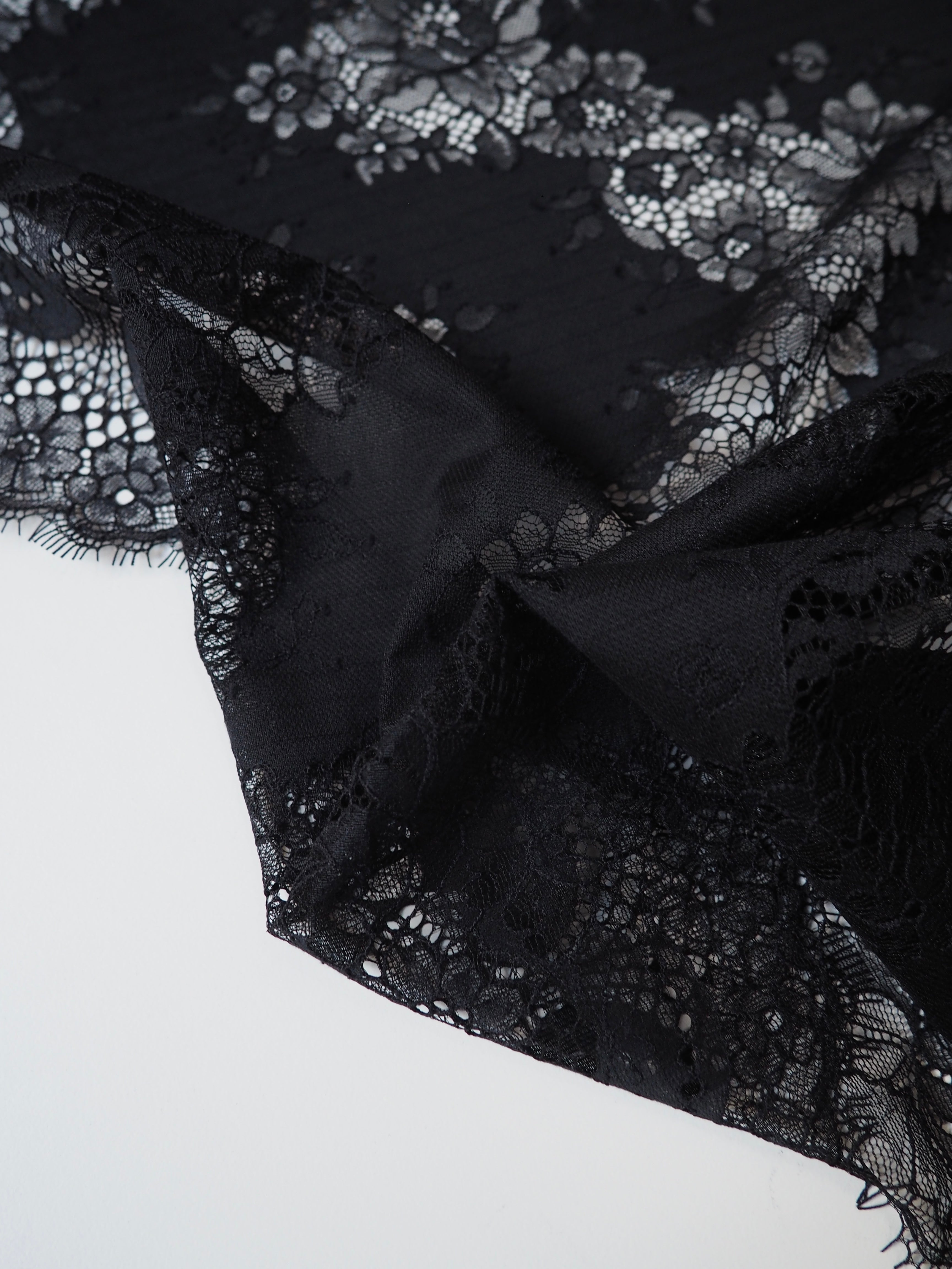 Black Open Floral Lace with Double Scalloped Edge Slight Sheen 60 Wide  Polyester/Blend Dutch Lace