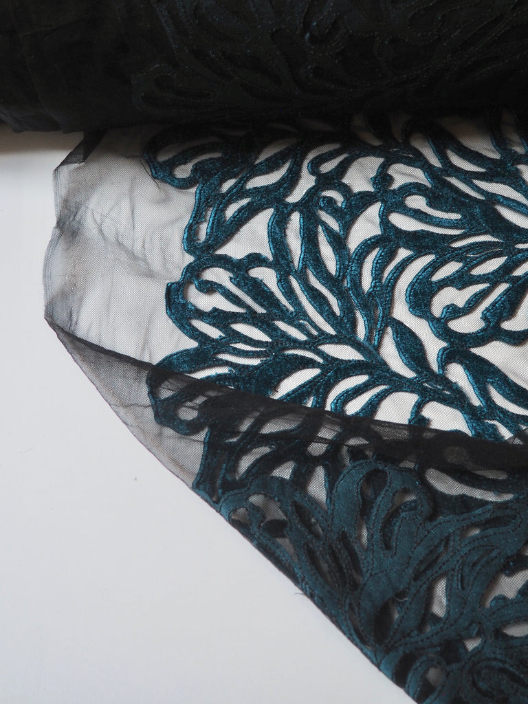 Blue Velvet Leafy Embroidered Tulle