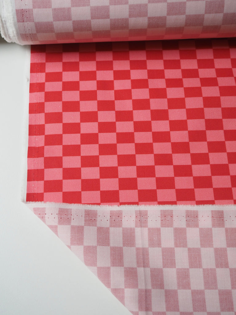 Pink + Red Small Checkerboard Cotton Twill