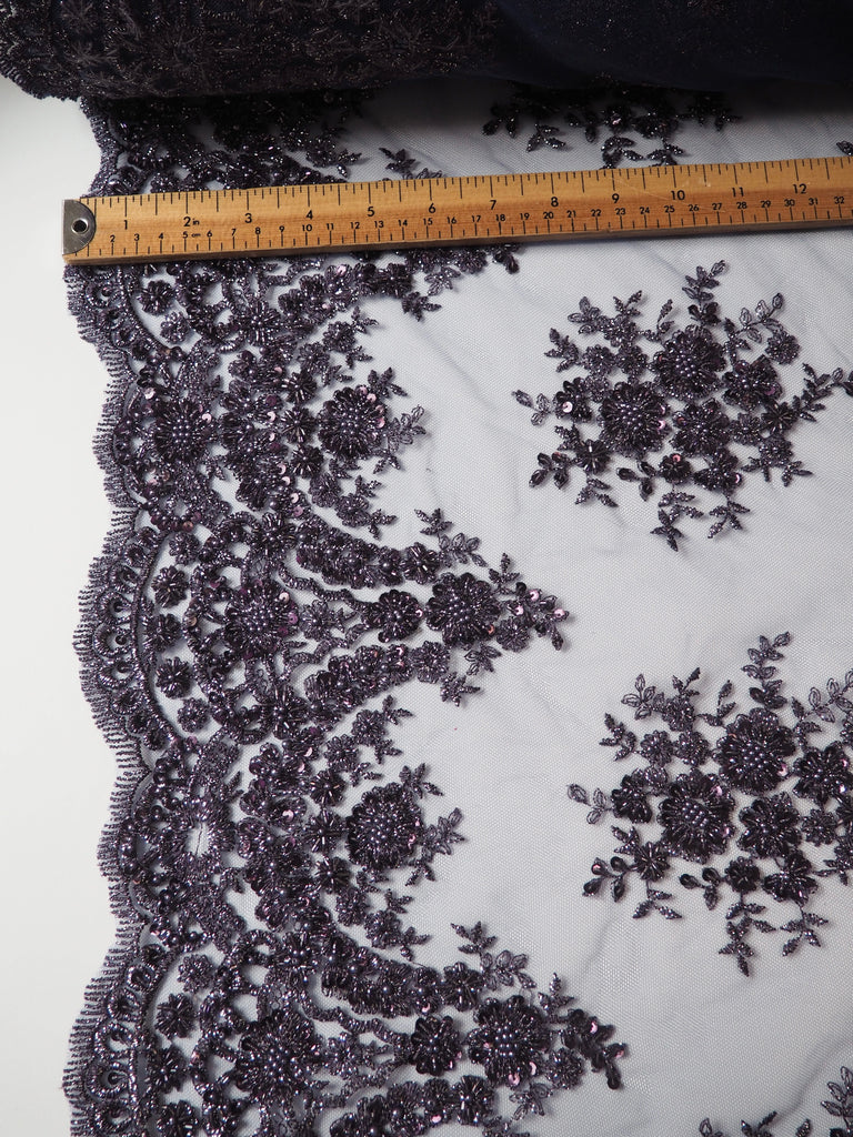 Deep Purple Lurex Floral Beaded Tulle