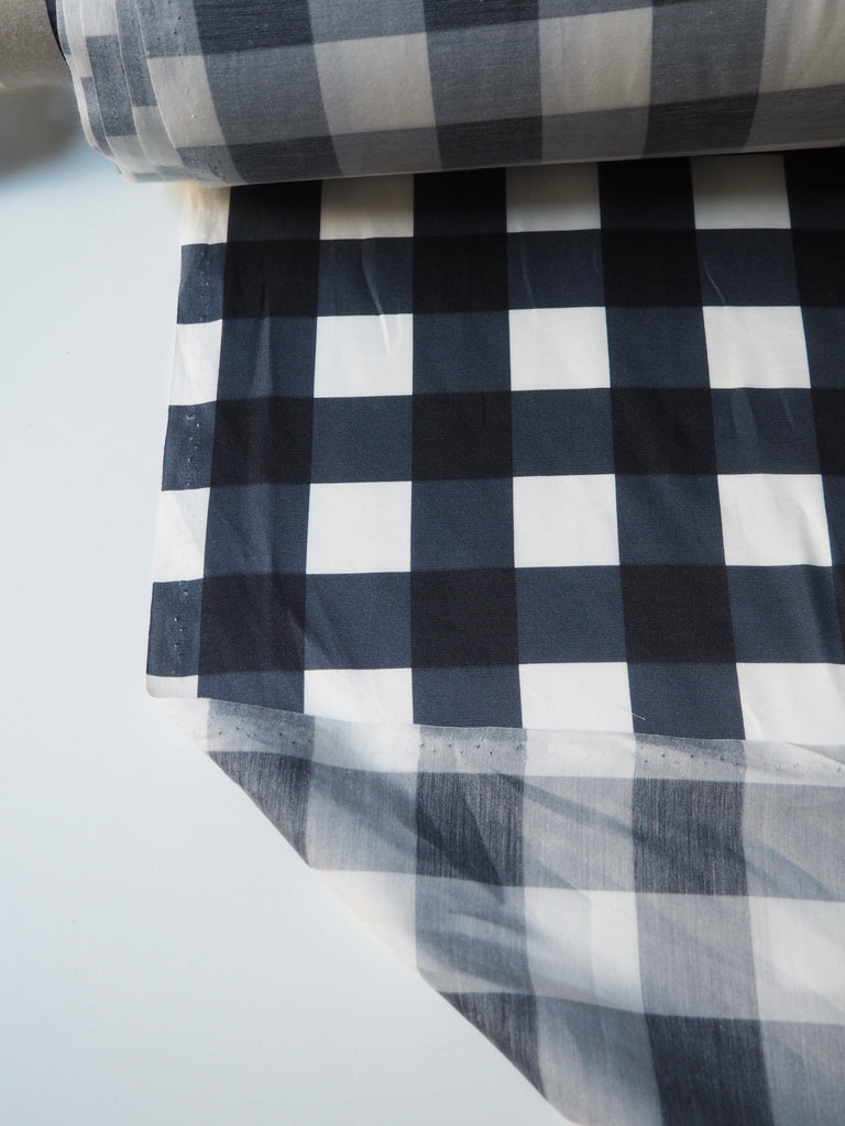 Navy Gingham Check Viscose Sateen