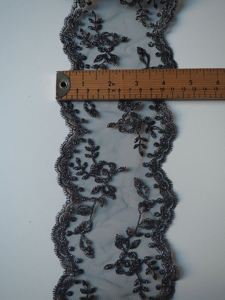 Black + Silver Rose Garland Lurex Scallop Lace Trim 10cm