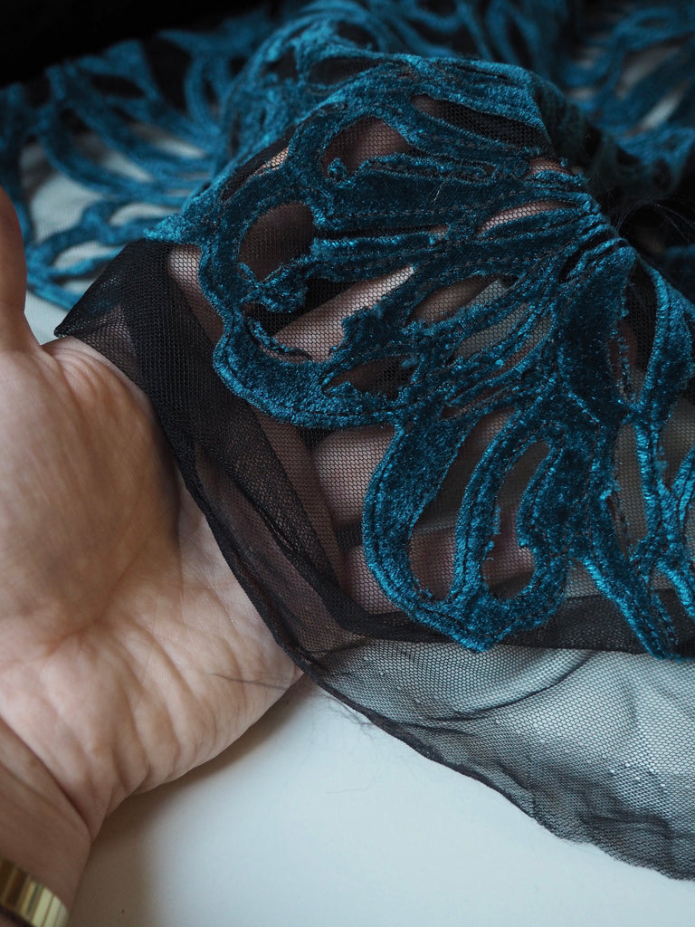 Blue Velvet Leafy Embroidered Tulle