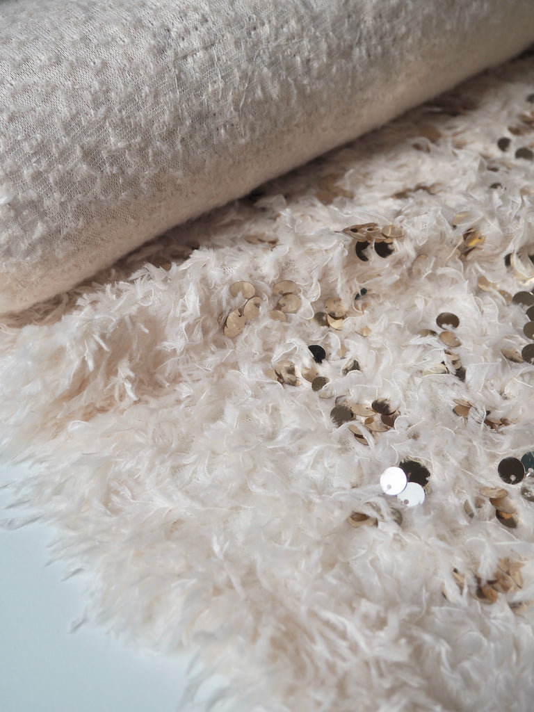 Cream Feather Fringed Gold Sequin Knit