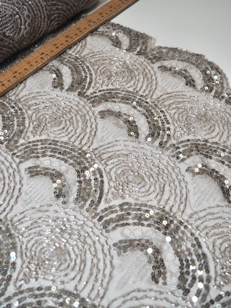 Taupe Beaded Sequin Scallop Embroidered Tulle