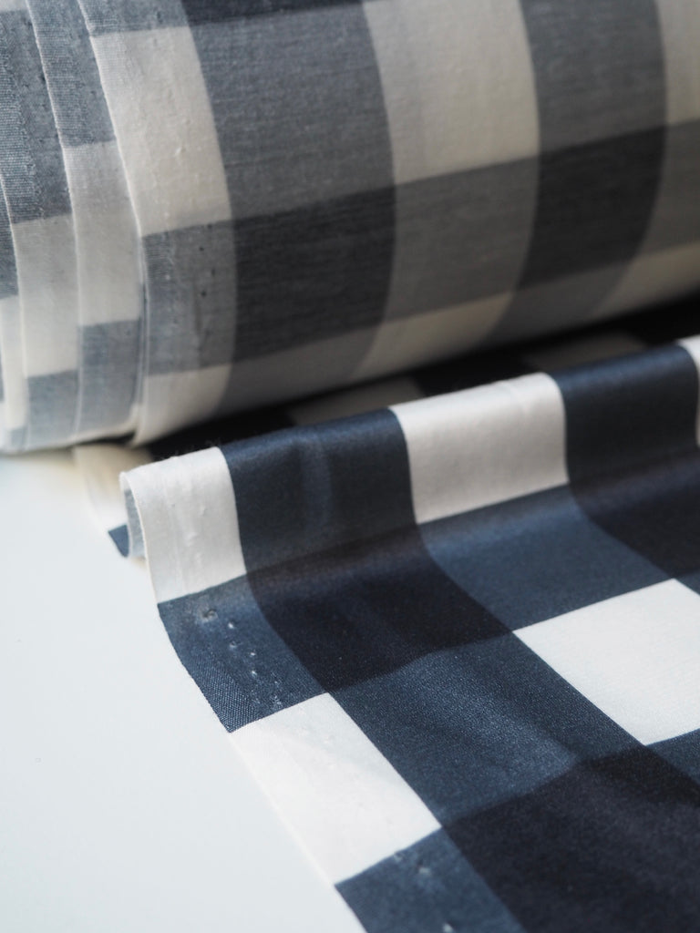 Navy Gingham Check Viscose Sateen